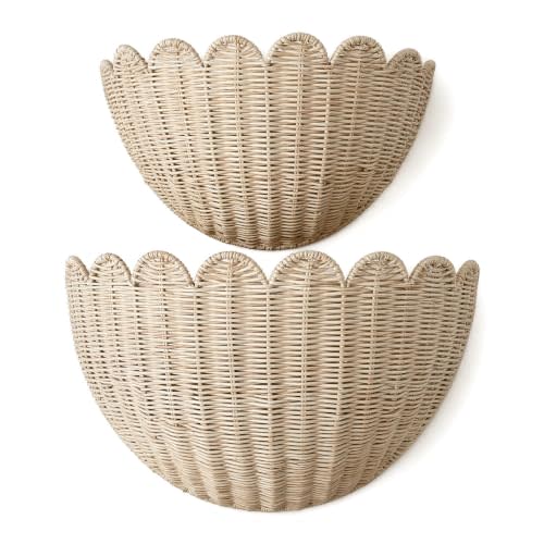 2pcs woven wall baskets,Natural rattan weaving,scalloped wall basket,hanging basket,16" x 10" x 7"In & 14" x 8" x 6"In