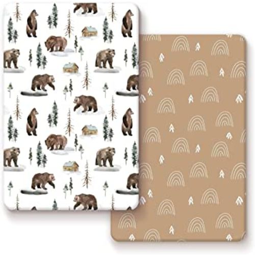 GRSSDER Stretchy Ultra Soft Jersey Knit Fitted Pack n Play Sheets Set 2 Pack, Neutral Portable/Mini Cribs Sheets, Fit Playpen Mattress Pads Safe and Snug, Jungle Bear/Rainbow for Baby