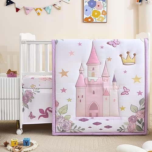 3-Piece Crib Bedding Set for Girls - Ultra Soft Baby Bedding Set Includes Crib Comforter, Sheet & Skirt (Purple)