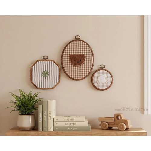 Neutral Nursery decor, Clover Embroidery Hoop Wall hanging, Retro Brown Gingham Nursery art, Rustic Cottagecore Home gifts