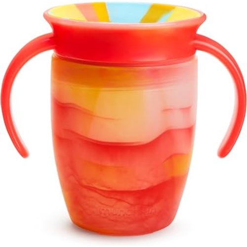 Munchkin Miracle 360 Sippy Cup for 6 Month Old, Spill Proof Baby and Toddler Cups with Transition Handles, 7 Ounce, Tropical Swirl, Orange/Multi