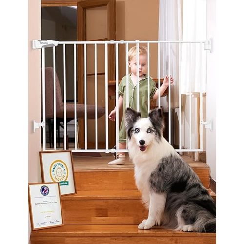 Babelio Baby Gate for Stairs, Kitchen & Doorways, No Bottom Bar| Easy Installation| One-Handed Operation| Auto-Close| Hardware Mount (Drill Needed) Safety Dog Gate (White - B17, 29-49" W, 28" H)