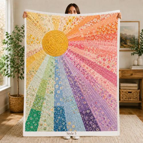Sunshine Flower Quilt Blanket, Colorful Floral Throw, Boho Rainbow Bedding, Bright Cottagecore Room Decor Gift