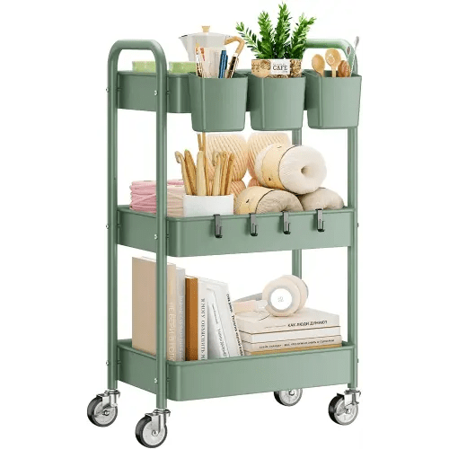 YASONIC 3-Tier Rolling Cart, Green, 66 Pounds Capacity, Mesh Storage Organizer with Lockable Wheels, 3 Hanging Cups, 4 Hooks, Easy Assembly, for Kitchen, Bathroom, Laundry, Grocery