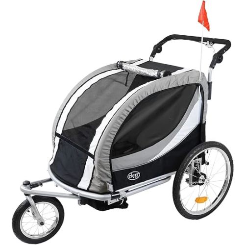 ClevrPlus Deluxe 3-in-1 Double 2 Seat Bicycle Bike Trailer Jogger Stroller for Kids Children | Foldable Collapsible w/Pivot Front Wheel