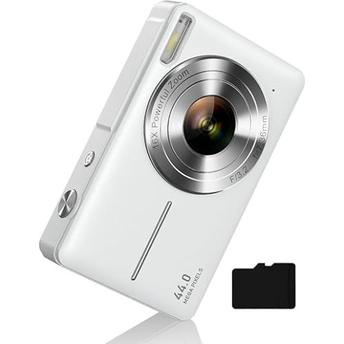 Digital Camera for Kids, FHD 1080P Point and Shoot Camera with 32GB Card 16X Zoom Anti Shake, Gift for Boys Girls Kids, White