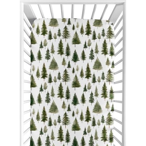 Sweet Jojo Designs Fitted Baby Crib Sheets (Green Woodland Tree) for Boys or Girls, Infant Nursery, Toddler Room - Standard Size (Hunter, Forest Themed, Sage Pine Trees, Woods, Neutral, Christmas Fir)