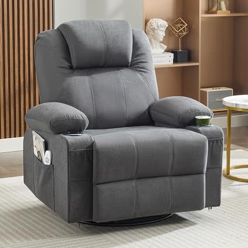 Oversized Swivel Rocker Recliner Chair with Heat and Massage, Big Large Recliner Chair for Living Room, 360 Degree Swivel Rocking Single Sofa with Cup Holders and USB Port (Fabric, Darkgrey)