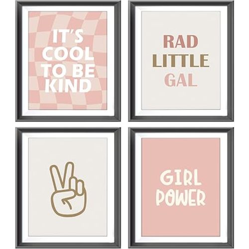 Rad Little Gal Retro Pink Beige Preppy Checkered Peace Sign Girl Power Poster Prints for Girl Teen Room Dorm Decor,Preppy Decorations Prints Wall Art Unframed 4pcs 8x10inches,Teen Girls Gifts