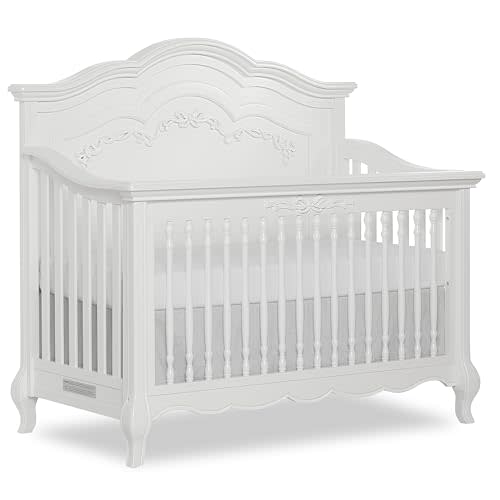 Evolur Aurora 5-in-1 Convertible Full Size Baby Crib, Frost White | Wooden Nursery, 3-Position Mattress Support, Converts to Toddler, Day and Full Size Bed, Queen Anne Feet, BSA Verified
