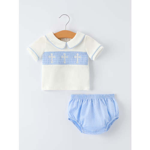 Blue Smocked Church Christ Bishop Christening Baby Boy Bloomer Set – Rylee Faith Designs