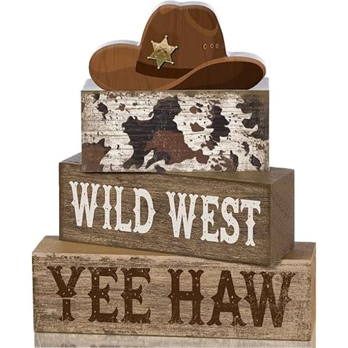 Yuntau 4 Pcs Western Cowboy Table Decor Wooden Block Signs Cowboy Hat Set