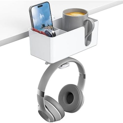 KDD 4-in-1 Desk Organizer - Under Desk Cup Holder and Headphone Hanger with 2 Wire Holes - Rotating Hanger and Detachable Storage for Cup, Phone and Pen (White)
