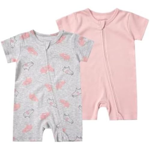Teach Leanbh Unisex Baby 2 Pack Pajamas Cotton Short Sleeve 2 Way Zipper Printing Soild Romper Jumpsuit Sleep and Play