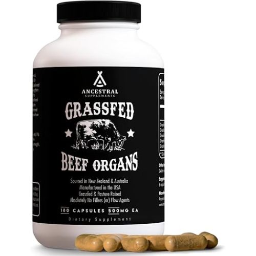 Ancestral Supplements Grass Fed Beef Organ Supplement, Supports Whole Body Wellness with Proprietary Blend of Liver, Heart, Kidney, Pancreas, Spleen, Freeze-Dried Beef, Non-GMO, 180 Capsules