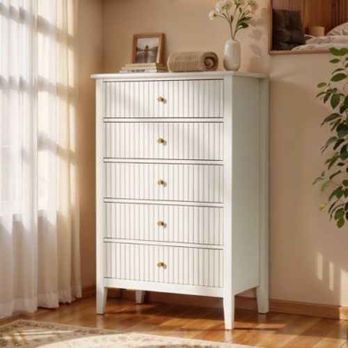 Heynemo Fluted 5 Drawers Dresser, Tall Chest of Drawer with Silent Slide Drawers, Ideal for Bedroom, Living Room, Hallway, Entryway, White