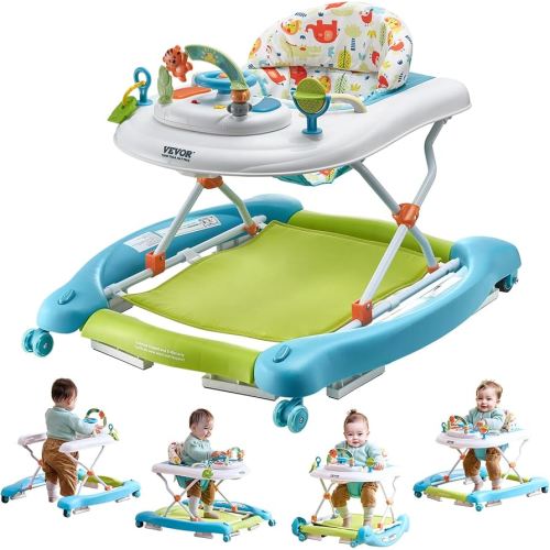 VEVOR 4-in-1 Baby Walker, Folding Baby Activity Center with Wheels, 3 Adjustable Height, Music & Toys Tray, Learning-Seated | Walk-Behind | Rocker | Bouncer Toddler Walker for Girls Boys 6-24 Months