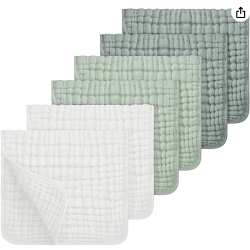 Looxii Muslin Burp Cloths 100% Cotton Muslin Cloths Large 20''x10'' Extra Soft and Absorbent 6 Pack Baby Burping Cloth for Boys and Girls White+Green