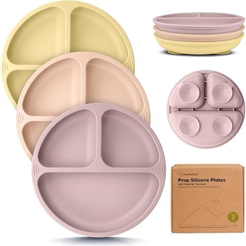 KeaBabies Suction Plates for Baby, Toddler - 3-Pack 100% Silicone Toddler Plates with Suction, Divided, BPA-Free Baby Led Weaning Essentials for Kids, Dishwasher, Microwave Safe, Durable (Dusk)