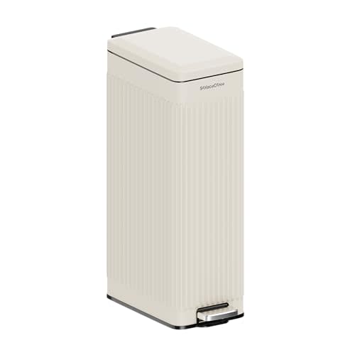 8 gallon/30L Slim Stainless Steel Garbage Can with Soft Close lid for Small Spaces，Pedal Fingerprint Proof Trash Bin with Removable Inner Bucket for Kitchen, Beige