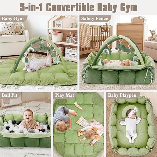 5-in-1 Plush Baby Play Gym & Activity Mat, Baby Play Mats, Baby Gym with Convertible Design, Tummy Time Mat with Pillow, 6 Sensory Toys for Newborn to Toddler, Green