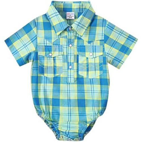 COSLAND Baby Boys' Western Clothes Short Sleeve Cotton Plaid Bodysuit, Infant Cowboy Shirt, 0-18 Months