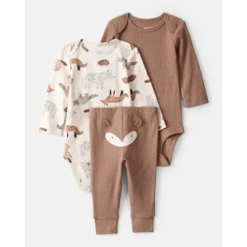 Baby Boy 3-Piece Fox Print Long-Sleeve Bodysuits & Pant Set - White/Brown - Carter's | Carter's