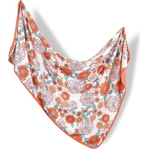 Hooyax Baby Blanket for Girls Boys, Jersey Knit Baby Swaddle Blanket, Double Layer Newborn Receiving Blanket, Soft Stretchy Nursery Blanket, 44 x 32 inch, Vintage Rust Flower