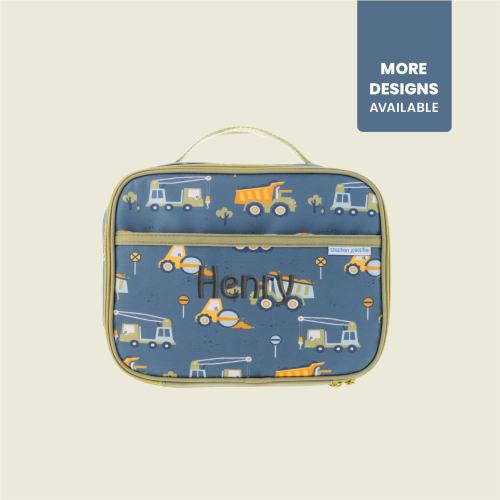 Construction theme Lunchbox Personalized with Embroidered Name / Optional Matching Backpack and Water bottle