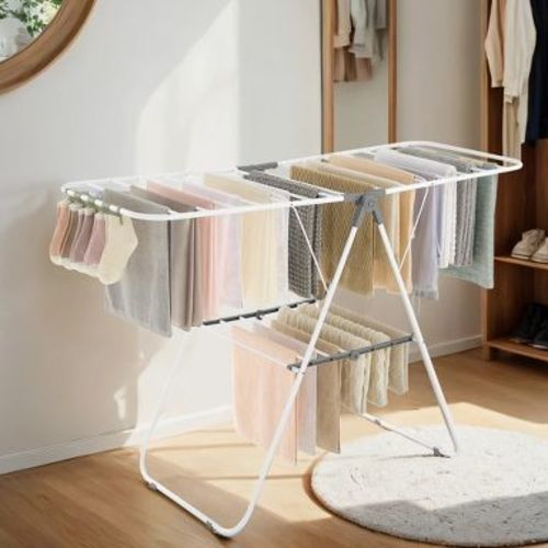Free-Standing Metal Clothes Drying Rack with Sock Clips Foldable Laundry Drying Rack Space-Saving Design Clothes Dryer White and Gray