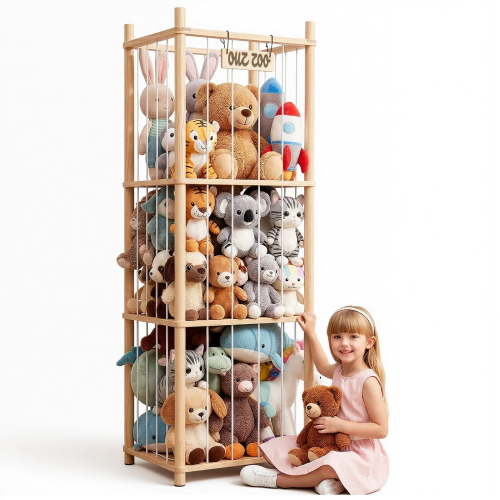 Wooden Stuffed Animal Cage, Cute Zoo Toy Storage Organizer, Montessori Style Plushie Display for Toddlers’ Room & Playroom Decor