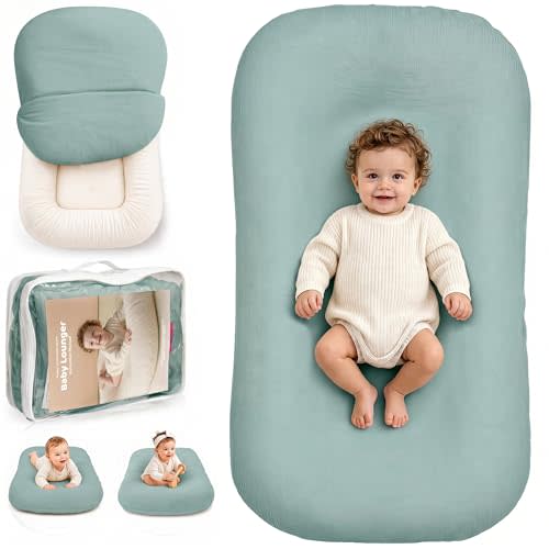 Baby Lounger, Infant Support Cushion for Newborn 0-24 Months | Baby Nest, Removable Slate Cover, Soft Cotton, Home and Travel, Portable Tummy Time Mat, Supervised Play, Baby Registry Gift