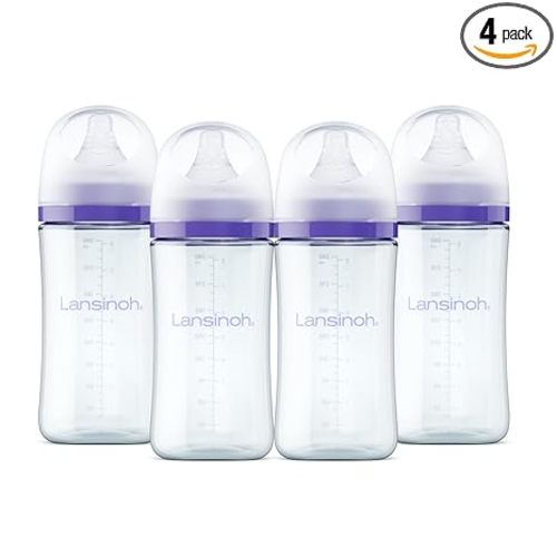 Lansinoh Anti-Colic Glass Baby Bottles, 8 Ounces, 4 Count Bottles for Feeding, Baby Essentials, Includes 4 Medium Flow Nipples, Size M