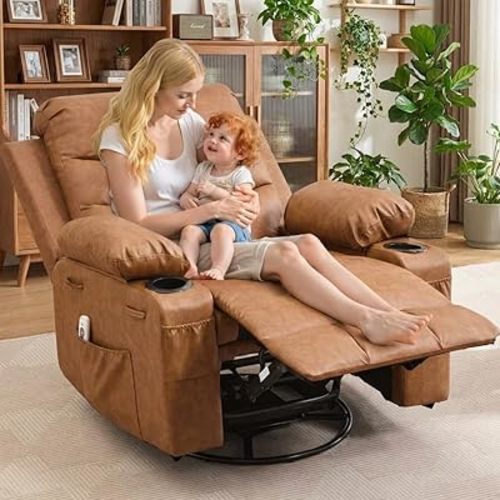 Oversized Swivel Rocker Recliner Chair with Massage & Heat, 360° Glider with Cup Holders & Side Pockets, Ergonomic Lounge Sofa for Adults, Supports 400 Lbs, Perfect for Living Room, RV, Nursery
