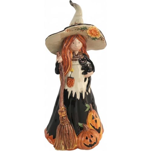 Blue Sky Clayworks Ella-La Petite Chou Witch Figurine, Ceramic, 11" H, Pumpkin-Patch Cat Companion
