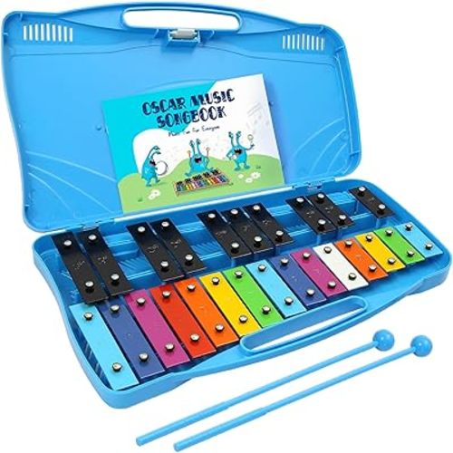 MINIARTIS Glockenspiel Xylophone | 25 Note Colorful Metal Keys Xylophone for Kids | Percussion Musical Instrument | Educational Music Toy Includes Music Songbook, Mallets and Blue Carry Case