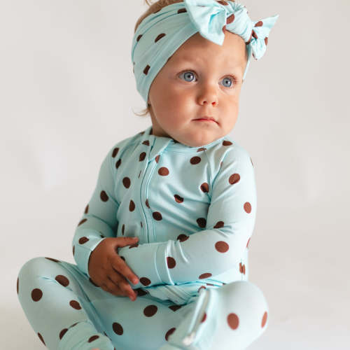 Infant Knot Head Bow in Blue & Brown Polka Dot