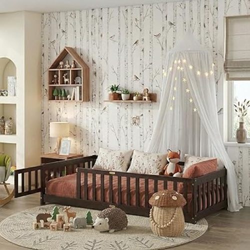 Twin Size Floor Bed with Slats and Door,Montessori Floor Bed Frame with High Rails,Twin Wood Kids Beds with Fence,No Box Spring Needed,Espresso