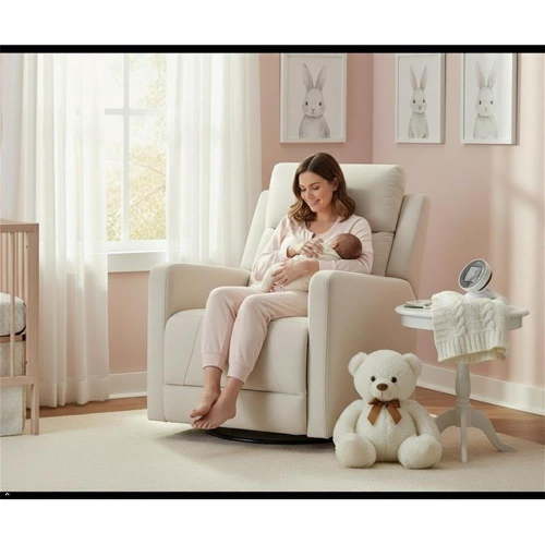 Pemberly Row Fabric Glider Power Recliner Nursery Rocking Swivel Chair in Cream