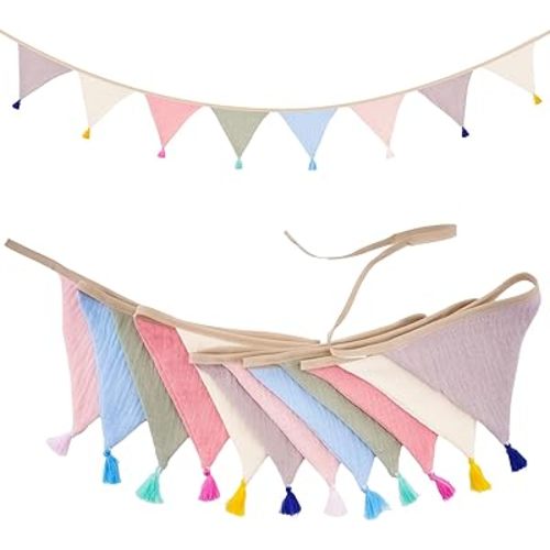 Pre-Strung Cotton Fabric Bunting Banner, 9Ft Morandi Triangle Pennant Banner Flag, Double-Sided Bunting Garland with Tassels for Birthday, Nursery, Baby Shower, Classroom Hanging Decor