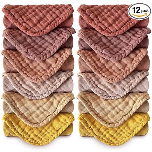 MOON PARK Baby Washcloths, 12 Pack - 12x12 Inches, Small Burp Cloths and Baby Wipes - 100% Cotton Muslin Ultra Soft for Newborn, Infant and Toddlers - Brown, Honey and Bean Paste Series