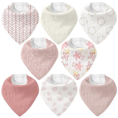 8 Pack Muslin Baby Bandana Bibs for Drooling and Teething | Absorbent Cotton Drool Bib for Baby Boy Girl, Easy Adjustable Bibs for Newborn Infants Toddlers, 0-36 Months, Pink Floral