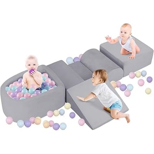 Foam Climbing Blocks for Toddler, Toddler Climbing Toys Indoor, Kid Baby Climbing Toys Blocks with Ball Pit for Baby, Soft Play Set Playground (Balls not Included) (Grey)