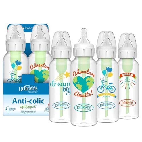 Dr. Brown's Natural Flow Anti-Colic Options+ Narrow Baby Bottle, 4 oz/120 mL, with Level 1 Slow Flow Nipple, 0m+, 4 Pack