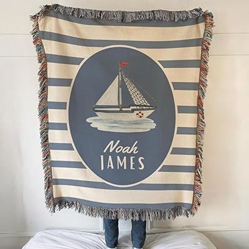 Personalized Sailboat Baby Blanket - Custom Name Nautical Nursery Decor - Soft Toddler Boat Blanket for Boys