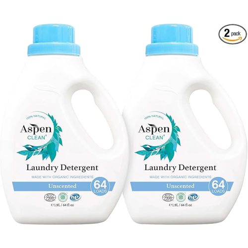 AspenClean | HE Liquid Laundry Detergent | Unscented | Non - Toxic | Natural | EWG Verified | Safe for Babies, Pets & Kids | 64 fl oz (2-pack)
