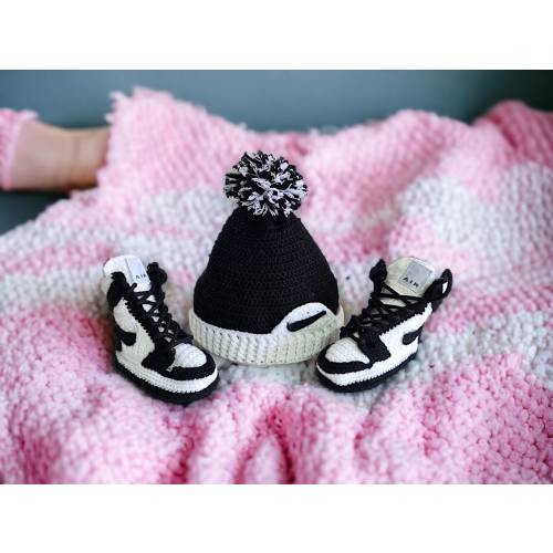 Baby Retro Sneaker Hat Combo, Cozy Baby Winter Gifts, Baby Shower Gifts, Christmas Baby Cap, Crochet Baby Set, Jordan-Style Booties & Beanie
