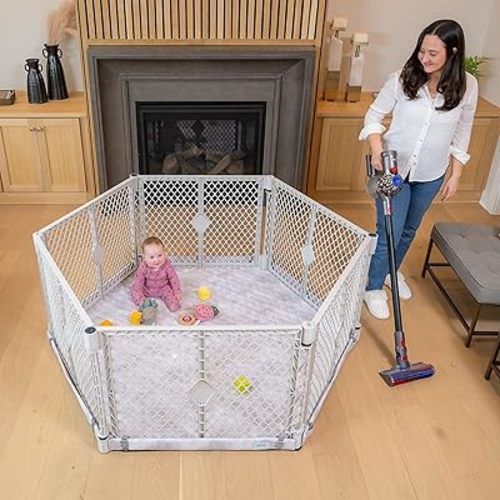 Toddleroo Superyard Nook Bundle, Freestanding 6-Panel Light Gray Playard with SecureMat Playmat, Clouds, Portable for Indoor & Outdoor Use