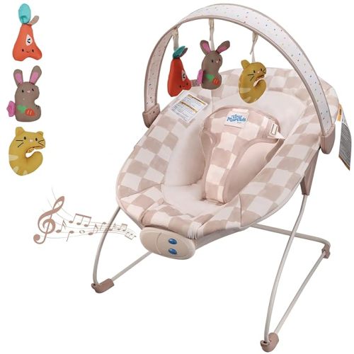 Baby Bouncer – Baby Bouncer seat, Infants Bouncy Seat with Music & Sensory Toys, Compact & Machine Washable Seat Pad Indoor Infant Seat, Ideal for Newborns 0-6 Months, Max Weight 20lbs (Sand Checker)