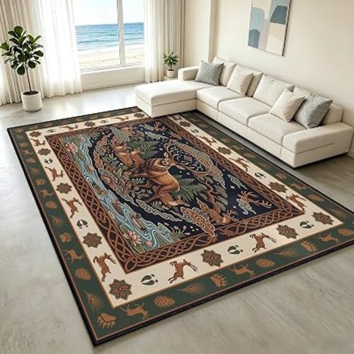 Machine Washable Area Rug 5x6ft Rustic Deer Pattern Rug